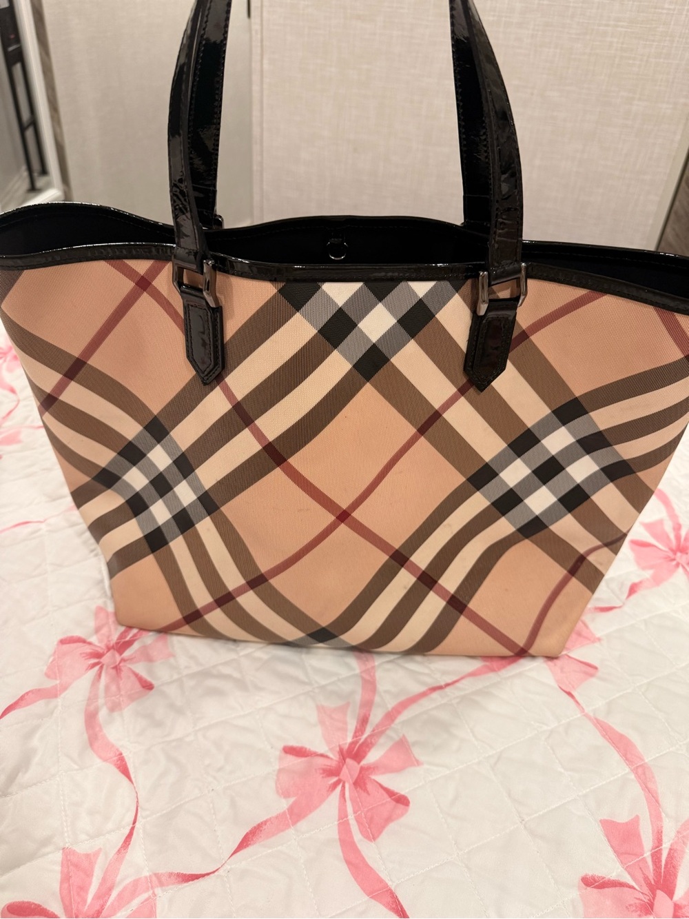 Authentic Burberry Tote with Black Patent Handles black inside